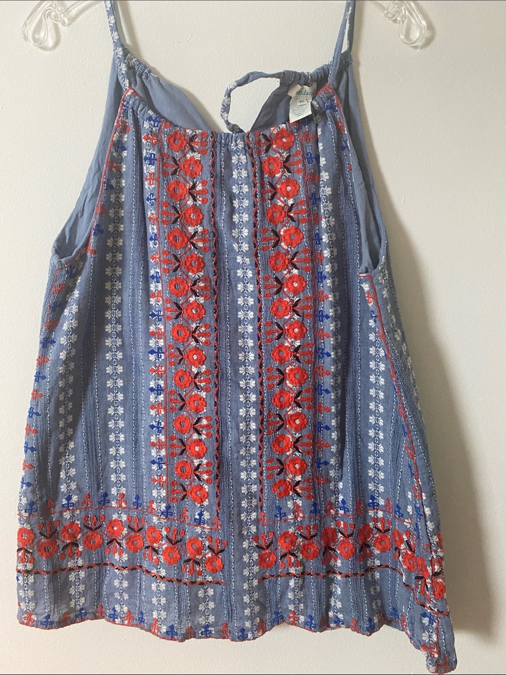 Sundance Blue Tank Top with Red Floral Embroidery